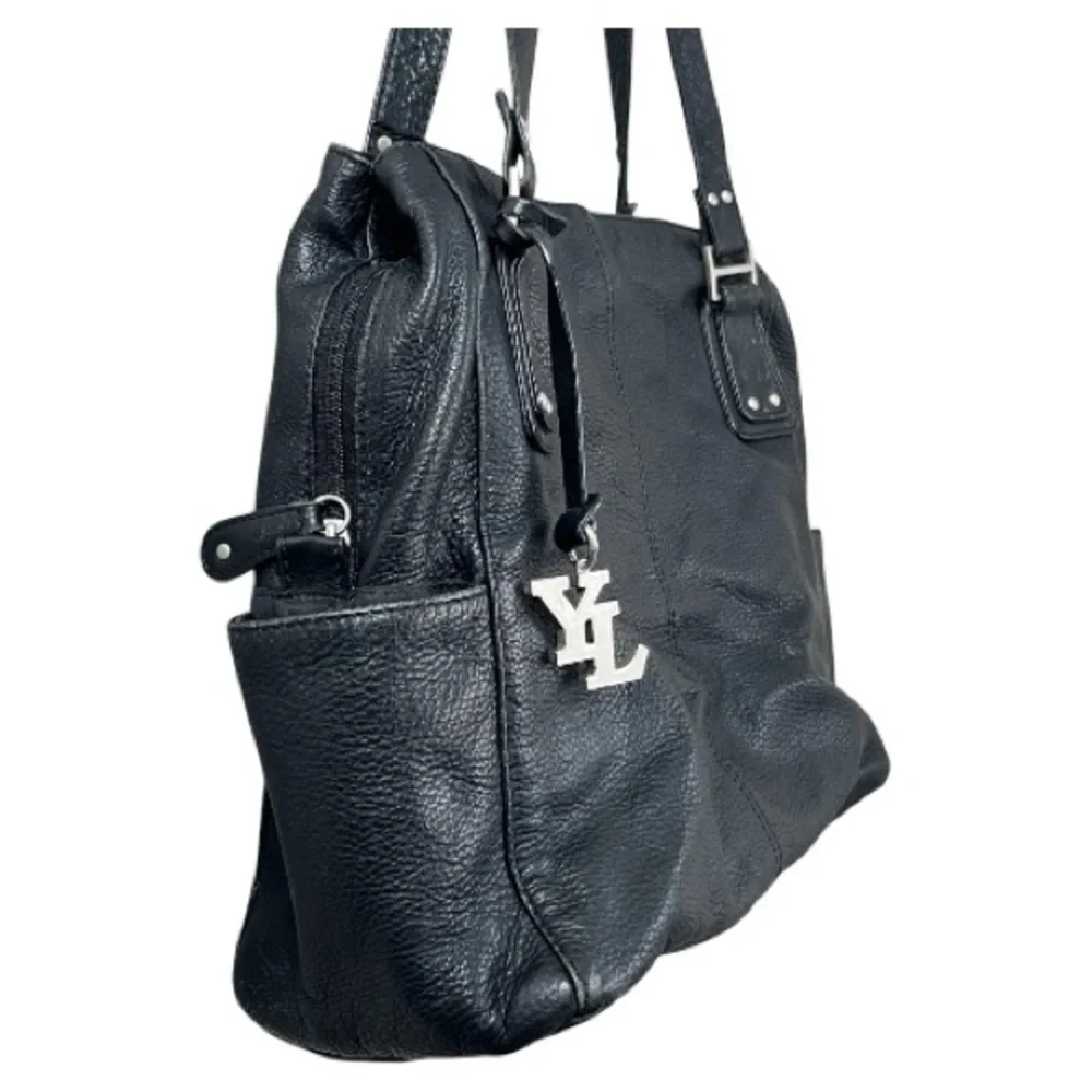 YL New York London Black Leather Tote Bag Large Shoulder Handbag Silver Charm
